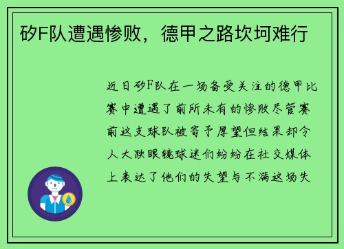 矽F队遭遇惨败，德甲之路坎坷难行